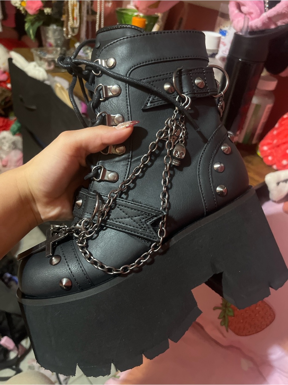 Demonia Black Platform Combat Boots with Chain Detail